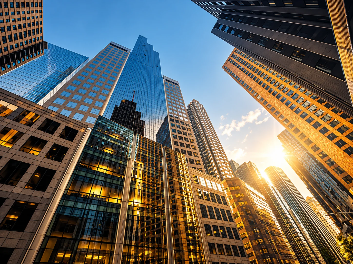 Modern city towers and glass facades in warm evening light
