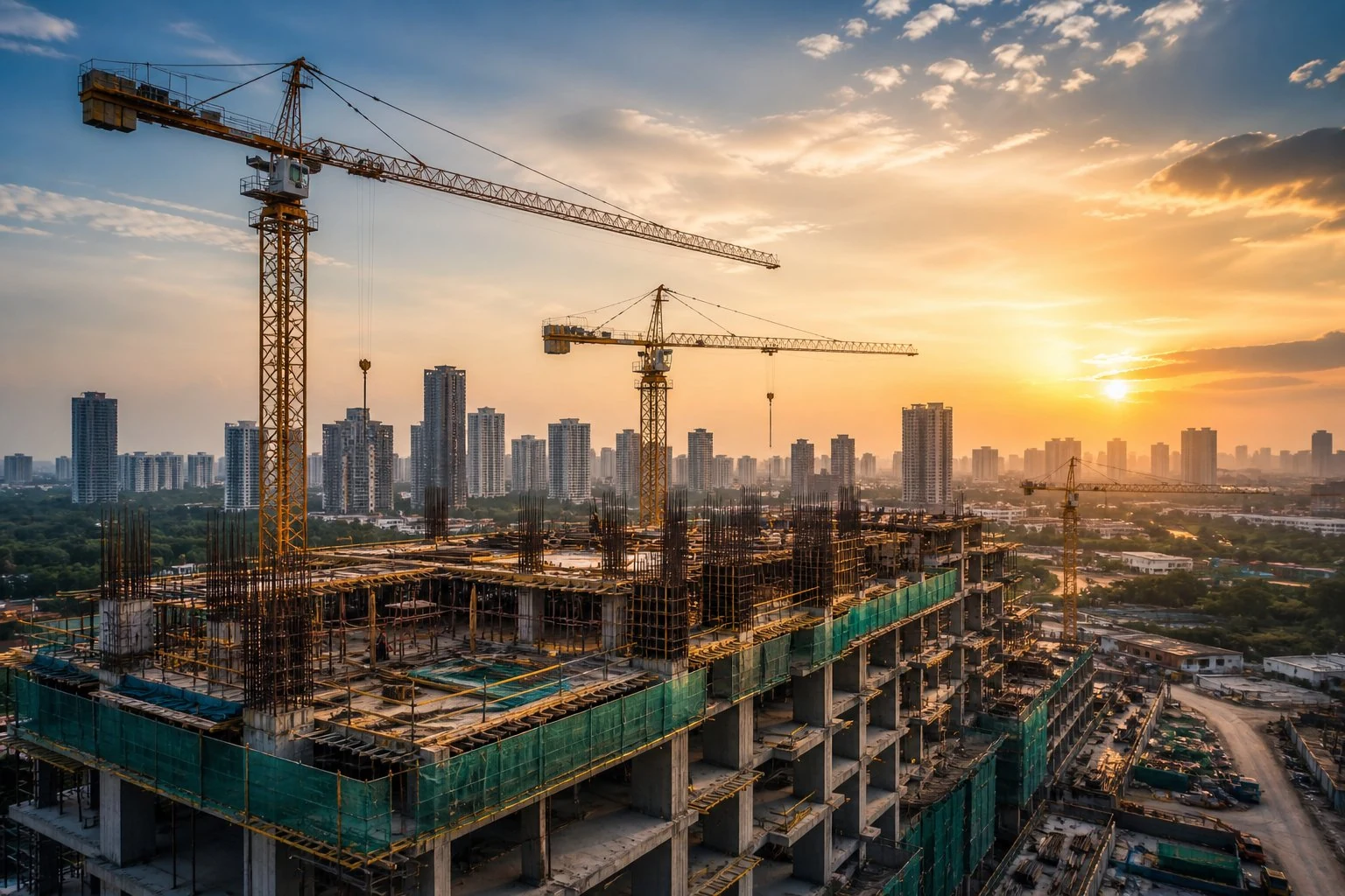 Tower cranes above an active construction site and city skyline at sunset