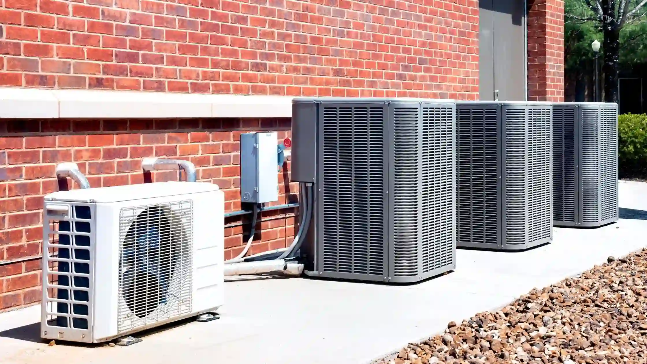 Exterior air conditioning units installed beside a brick building