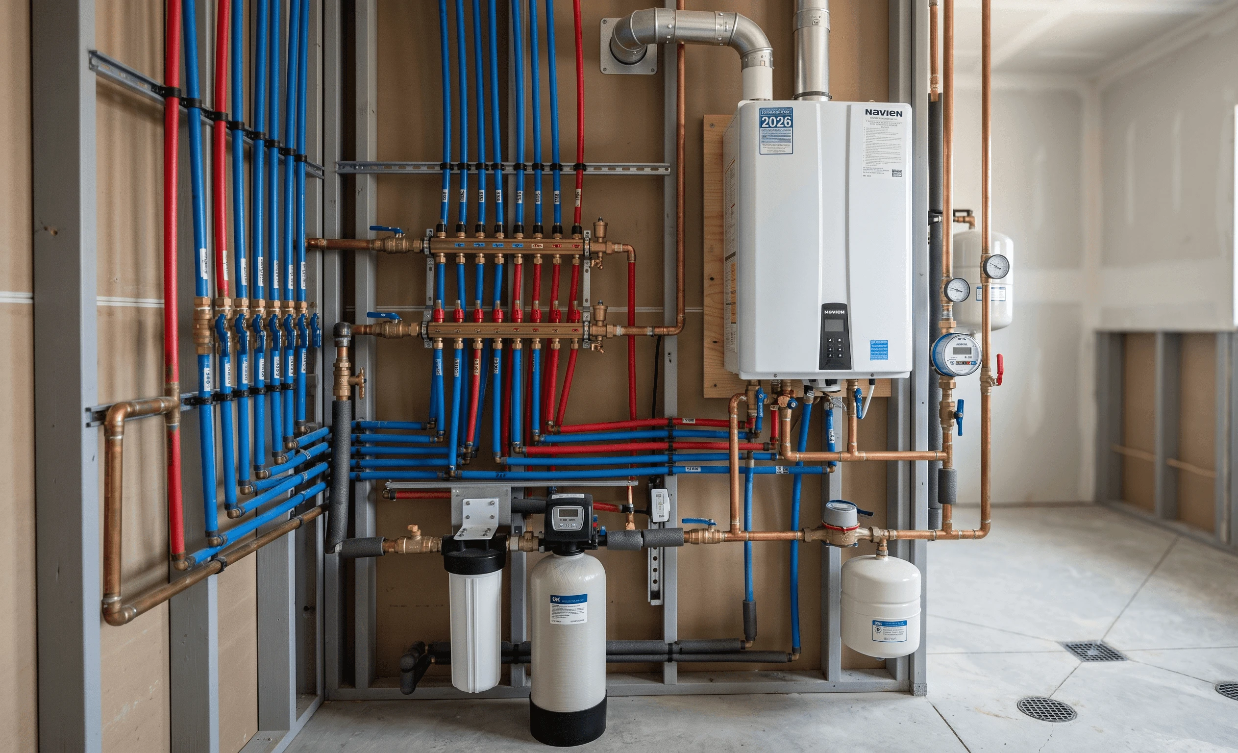 Installed red and blue plumbing lines, manifolds and water heater