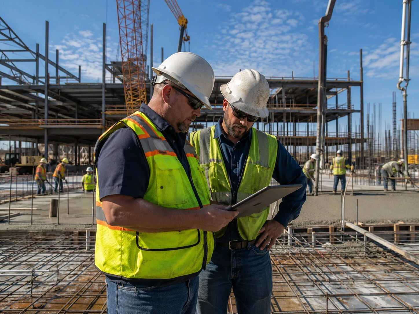 Commercial contractors reviewing project information on a tablet at an active construction site
